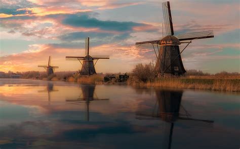 Download Wallpapers Old Wooden Mill Sunset Evening Holland River
