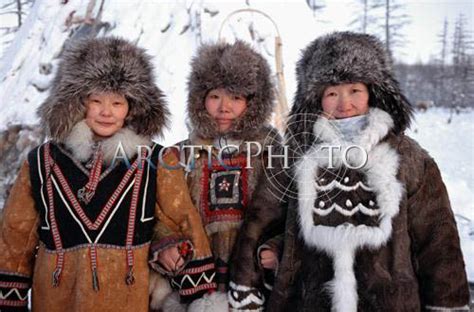Three Evenki Women Dressed In Traditional Winter Fur Clothing Kyusyur
