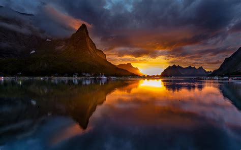 Norway Reine Mountains Sunset Lake Wallpaper Nature And Landscape