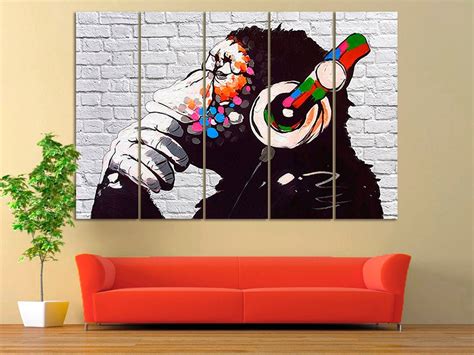 Banksy Dj Monkey Canvas Banksy Thinker With Headphones Wall Etsy