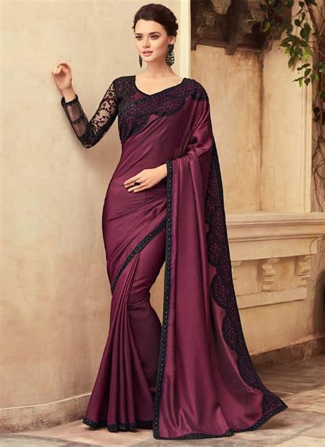 Embroidered Purple Silk Party Wear Saree Designer Silk Sarees Trendy