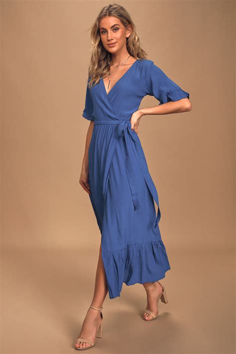Lucy Love Enchanted Dress Cobalt Blue Midi Dress Wrap Dress Lulus