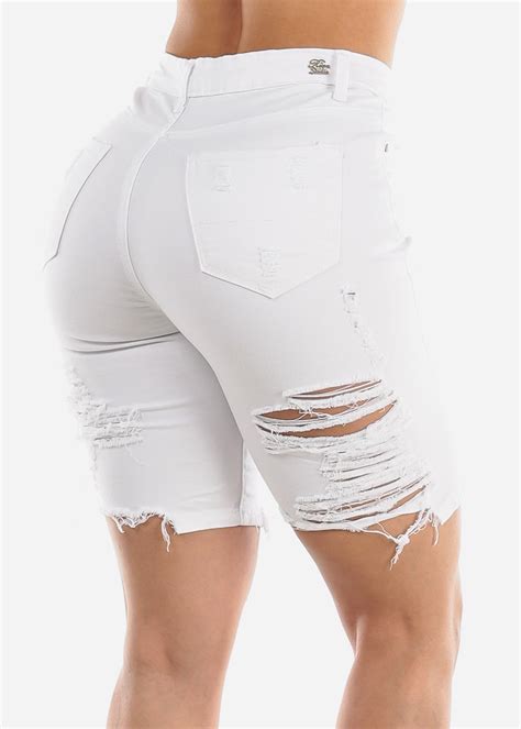 Moda Xpress Womens High Waisted Bermuda Shorts Distressed White Denim