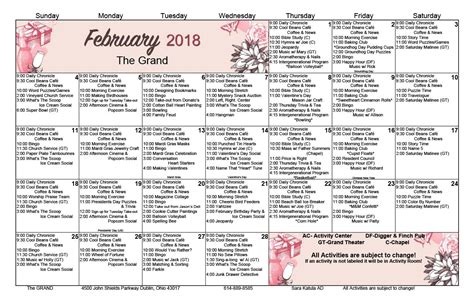 February Activity Calendar The Grand Of Dublin Senior Living