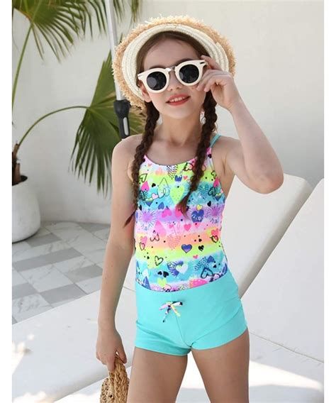 girls one piece swimsuits with shorts colorful heart pattern printing crossback bathing suit