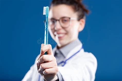 Brush Your Teeth Smiling Dentist Shows Toothbrush Stock Image Image