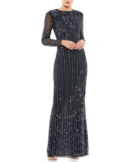 Mac Duggal Sequin Crew Neck Illusion Long Sleeve Back Slit Trumpet Gown