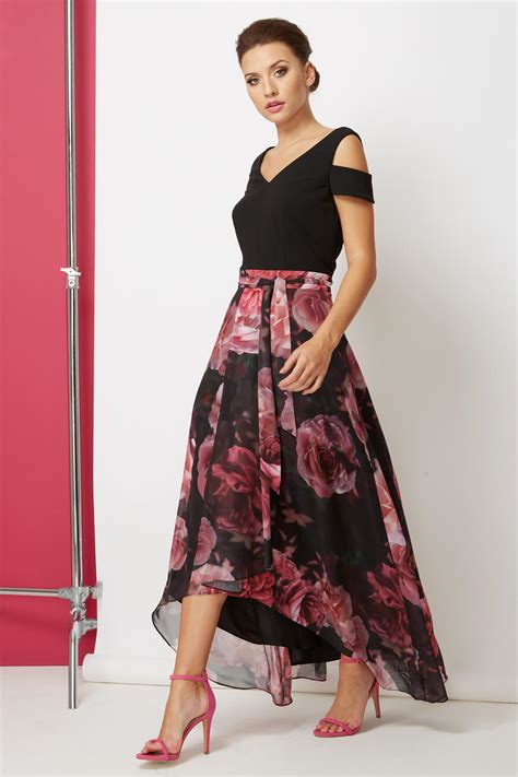 Floral Print Cold Shoulder Maxi Dress In Pink Roman Originals Uk