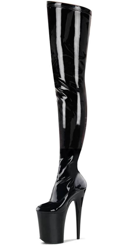 Pleaser Asymetrical Black Patent Thigh High Stripper Boots With 9 Inch Sky High Heels