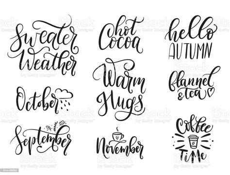 Fall Calligraphy Set Big Set Of Autumn Quotes Isolated On White