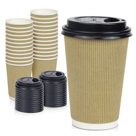 50 Pack Disposable Hot Cups With Lids 16 Oz Brown Double Wall