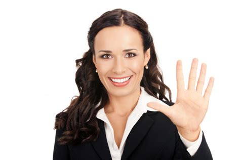 Businesswoman Showing Four Fingers On White Stock Photo By G Studio