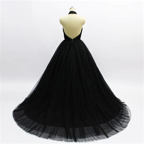 Black Tulle Halter Backless Long Prom Dress Black Party Dress Black