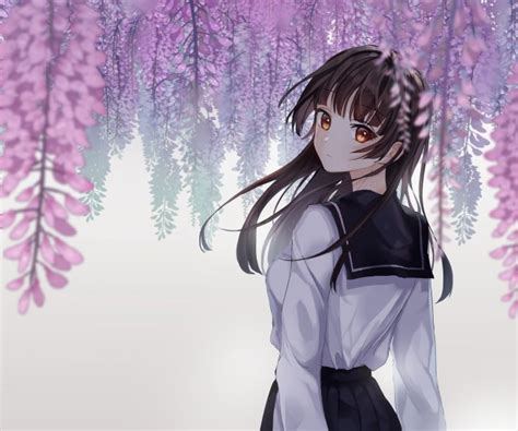 Wallpaper Anime School Girl Brown Hair Sakura Blossom