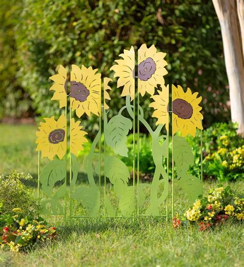 Sunflower Garden Lighted Landscape Panel Stakes Set Of 5 Plowhearth