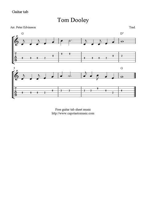 Download and print free pdf sheet music for all instruments, composers, periods and forms from the largest source of public domain sheet music browse sheet music by composer, instrument, form, or time period. Tom Dooley, easy free guitar tablature sheet music for beginners