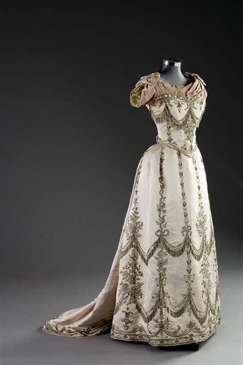 Charles Frederick Worth Ball Gown Of Pale Oyster Satin Adorned With