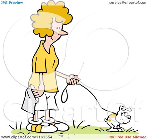 Cartoon Of A Happy Blond Woman Waiting To Pick Up Her Dogs Poop