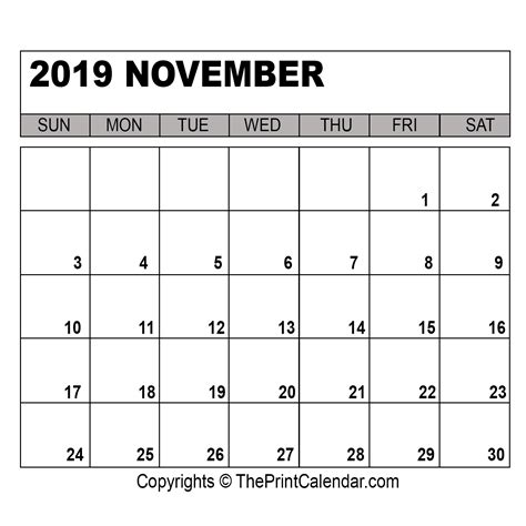 November 2019 Printable Calendar Template Pdf Word And Excel