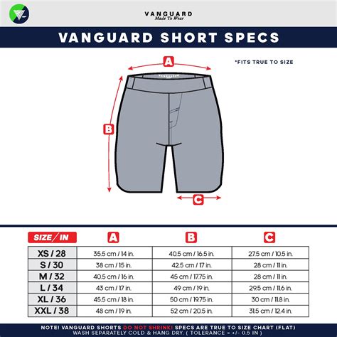 Shorts Size Chart Vanguard Kimono