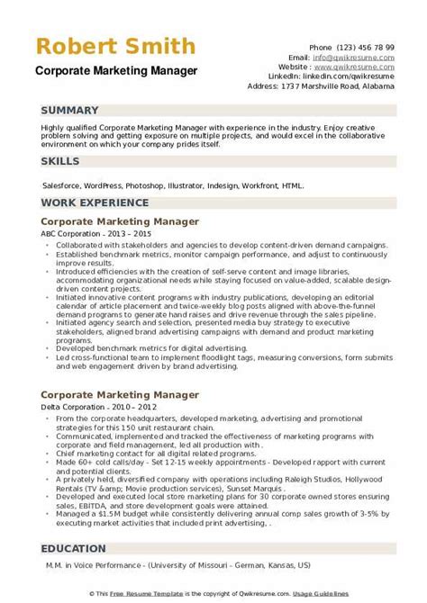 Use our free resume samples and land more job interviews. Corporate Marketing Manager Resume Samples | QwikResume
