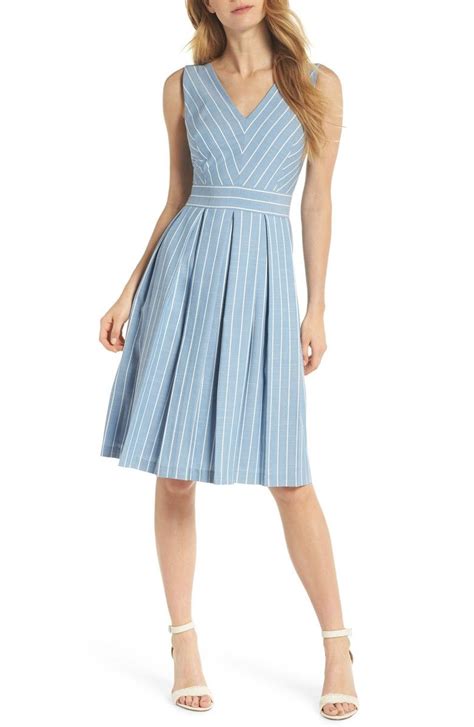 Samantha Slub Stripe Fit And Flare Dress Main Color Blue White Preppy