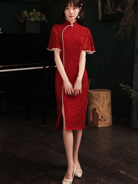 Burgundy Lace Wedding Qipao Cheongsam Dress With Flutter Sleeve
