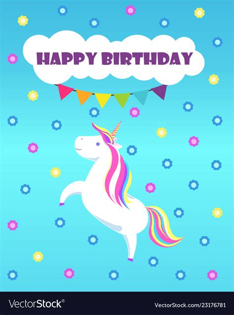 Happy Birthday Greetings Childish Unicorn Rainbow Vector Image