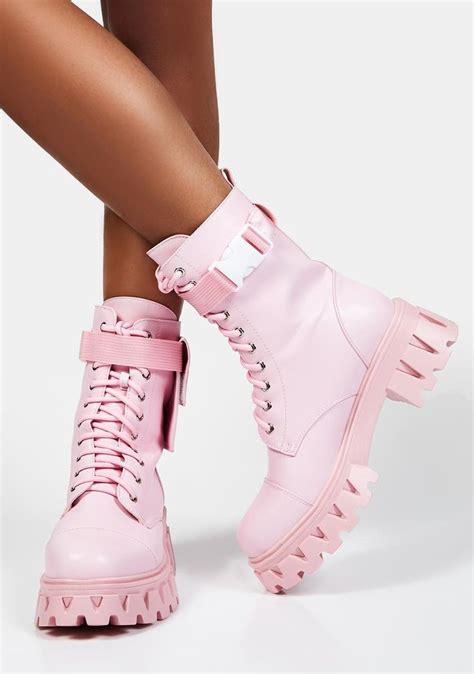 Vegan Leather Tactical Pocket Combat Boots Pink Pink Combat Boots