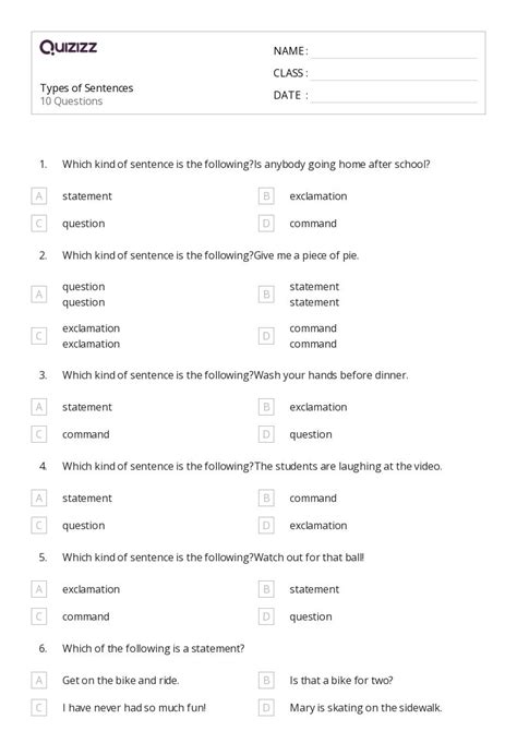50 Types Of Sentences Worksheets For 2nd Grade On Quizizz Free