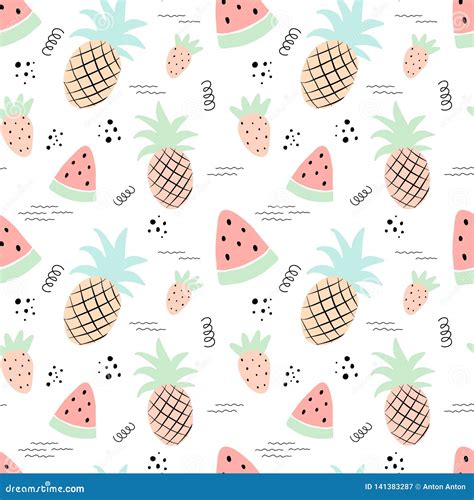 seamless tropical pattern with pineapple watermelon strawberry vector summer illustration of