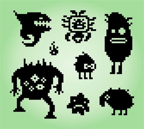Doodles Bit Pixel Monster Illustration Of Pixel Art Vector Cute Creature Doodle Set