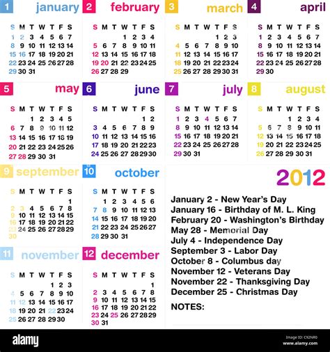 2012 Calendar With Usa Official Federal Holidays Weeks Start On Sunday