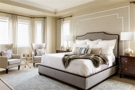 Gorgeous Transitional Bedroom With Gray Upholstered Bed Frame Hgtv