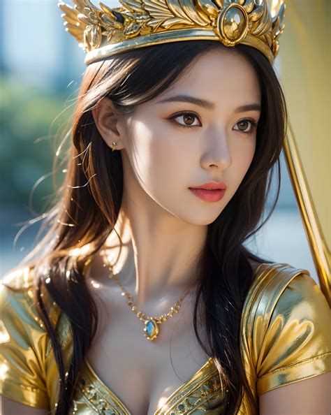 A close up of a woman wearing a gold dress and a crown - SeaArt AI