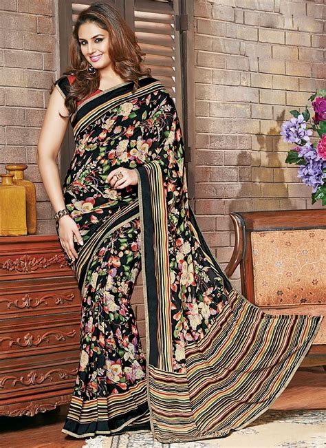Huma Qureshi Black Georgette Saree Silk Printed Saree Beautiful Outfits Saree Designs