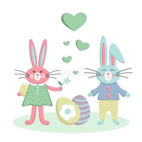 Set Of Cute Easter Bunnies Vector Illustration Couple Easter Bunnies