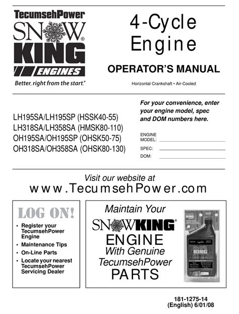 Tecumseh Lh195salh195sp Hssk40 55 Operators Manual Pdf Download
