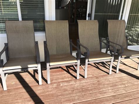 Outdoor dining chairs are specifically manufactured for outdoor use on balconies and patios. (4) Woodard 'Belden' Sling High-Back Patio Dining Chairs ...