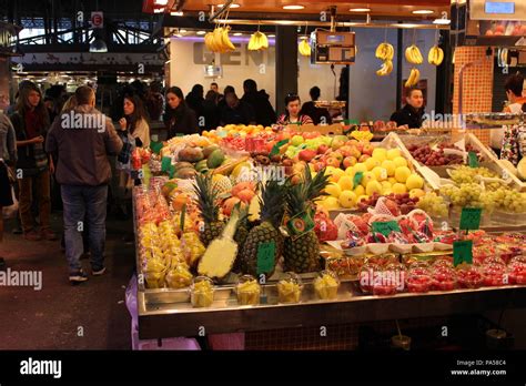 Fresh Vegetables And Fruits On Sale In The Public Market Barcelona