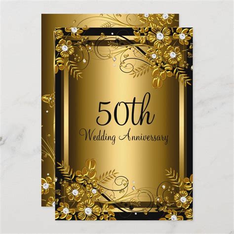 Gold Black Diamond Floral Swirl 50th Anniversary Invitation Zazzle