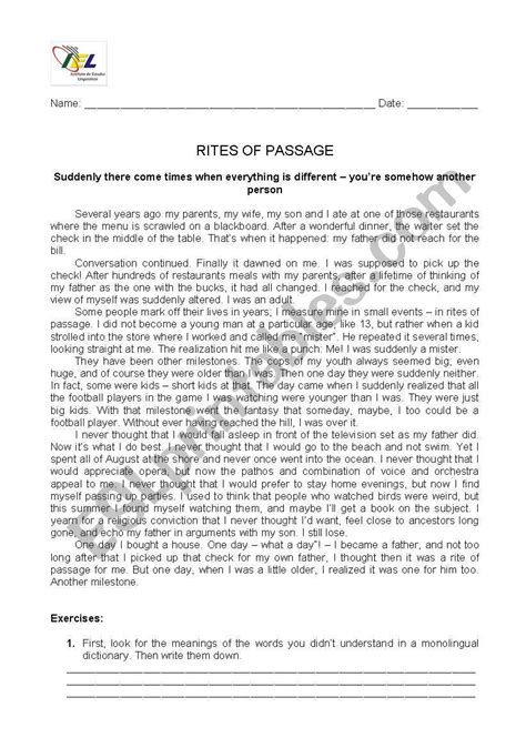 Rites Of Passage Esl Worksheet By Inha16