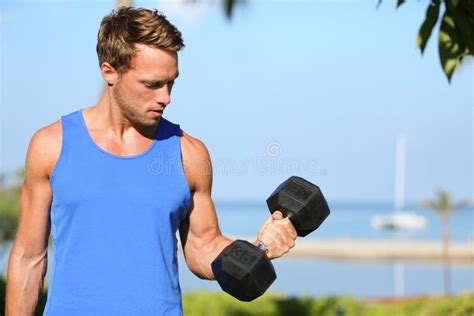 Bicep Curl Weight Training Fitness Man Outside Stock Photo Image Of