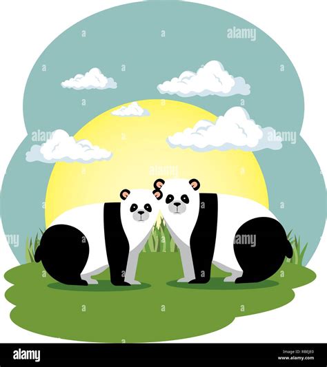 Cute Panda Bears Couple In The Field Scene Stock Vector Image And Art Alamy