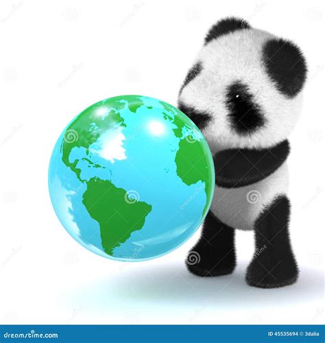 3d Baby Panda Bear Looks At A Globe Of The Earth Stock Illustration
