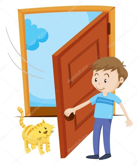 hombre abre la puerta para gato mascota vector de stock por ©blueringmedia 91904436