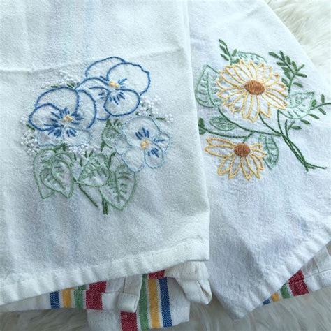 Set Of Two Vintage Hand Embroidered Floral Dish Towels Hand