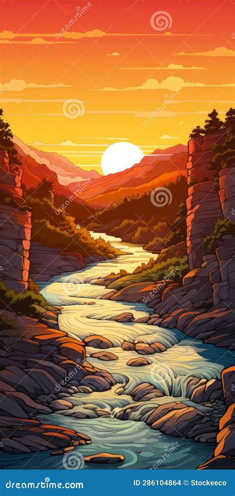 Cartoonish Sunset Scene Of Meandering River Cliff In Tuscany Stock
