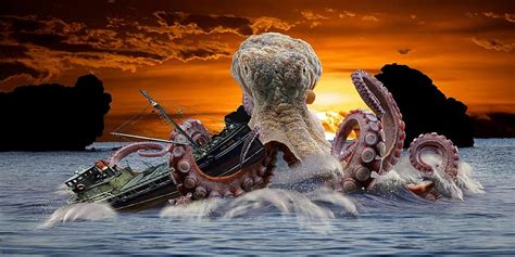 Octopus Giant Ship Fantasy Sea Sunset Surreal Giant Octopus Sea