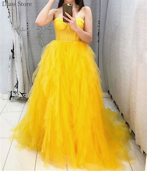 Yellow Prom Dresses 2020 Summer Tulle Spaghetti Strap Sweetheart Neck A Line Tiered Illusion